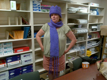 Jo Ann models her purple creation for epilepsy awareness.